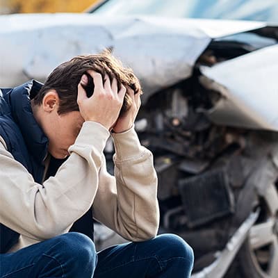 Young man sitting on curb hand in face with car crash in the background.