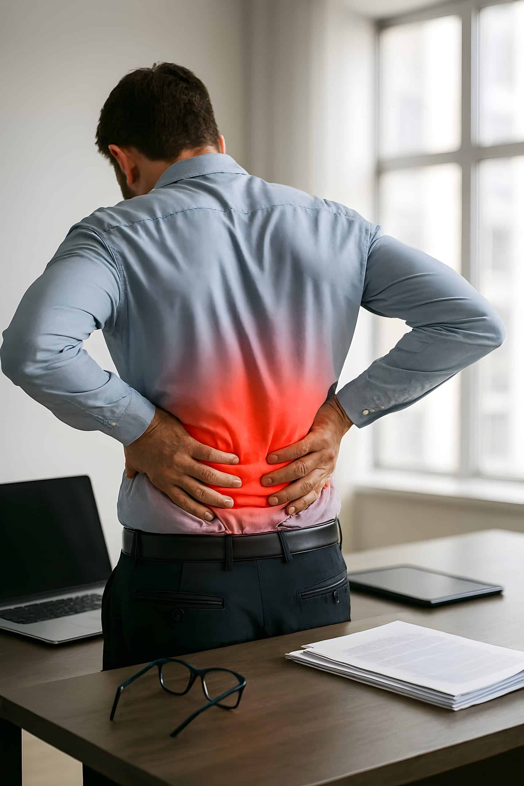 man having lower back pain being illustrated in red